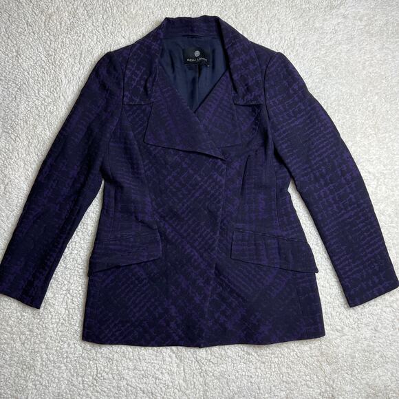Rena Lange Woven Wool Silk Blend Purple Black Pattern Double Snap Jacket 10 - Picture 1 of 11